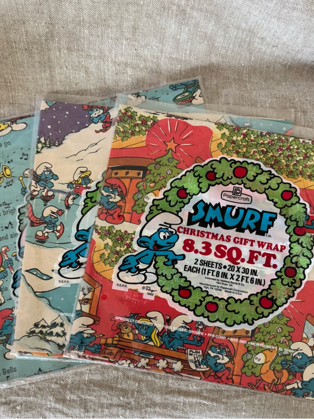 vintage 1980s Smurf Christmas gift wrap unused 3 packs